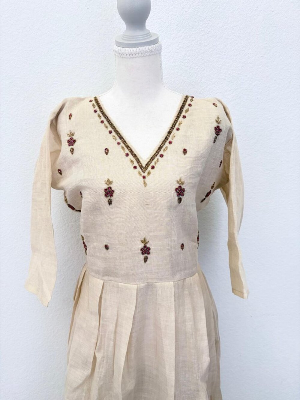 Cream Beaded Embroidered Linen Midi Dress - Picture 5 of 6
